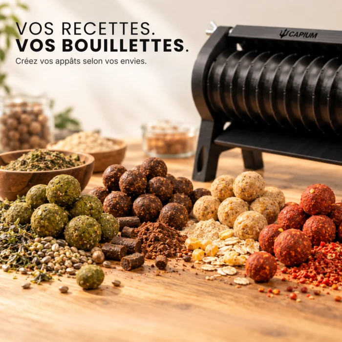 Homemade boilies in various colours and recipes, complemented by ingredients, showcasing the freedom to create your own baits with Capium.