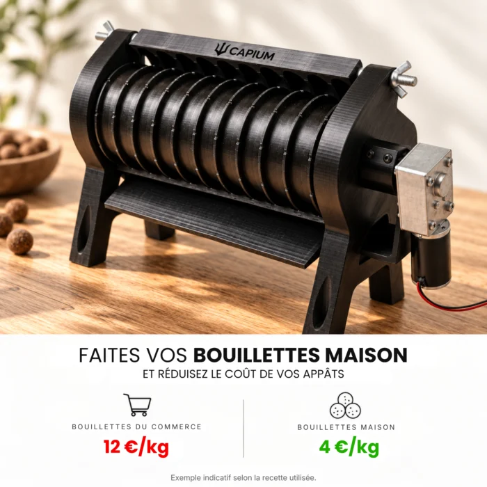Capium boilie machine illustrating an indicative comparison between shop-bought boilies at 12 €/kg and homemade boilies at 4 €/kg.